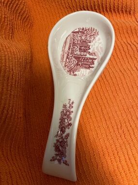 Johnson Brothers White Porcelain Spoon Rest with Red Transferware Motif